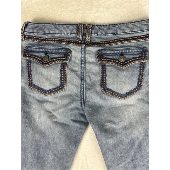 Wrangler Rock 47 Ultra Low Rise Jeans Women’s 11 X 34 Thick Stitch Flare Flap - Picture 9 of 10